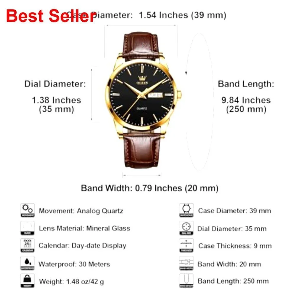 Men's Leather Watch Stainless Steel Day Date Waterproof Luminous